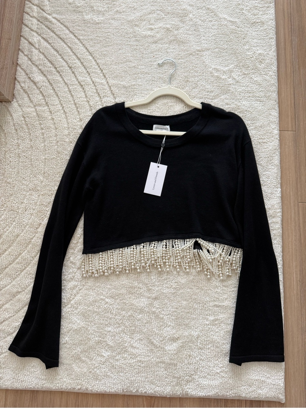 Lovers + Friends Black Cropped Long-Sleeve Top with Pearl Fringe